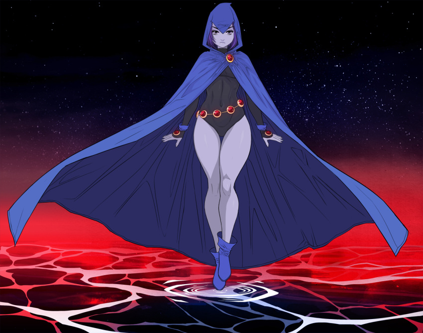 belly_chain cloak clothed dc_comics exmile female floating footwear full_body grey_skin hood leotard looking_at_viewer purple_eyes purple_hair raven_(dc) shoes solo teen_titans water