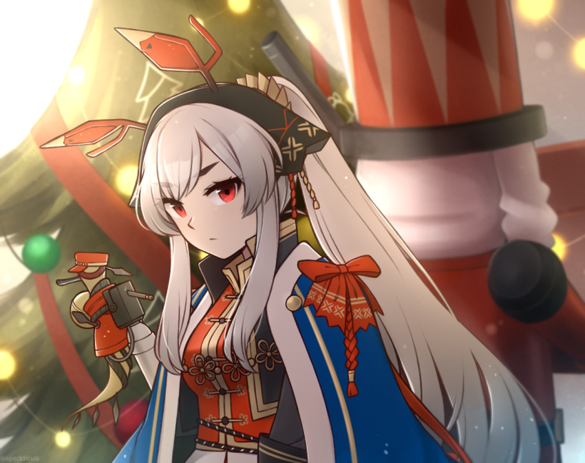 1girl arknights bangs blue_cloak christmas_tree cloak commentary english_commentary expressionless eyebrows_visible_through_hair grey_hair hairband long_hair looking_at_viewer ponytail red_eyes sidelocks solo speckticuls upper_body very_long_hair weedy_(arknights)