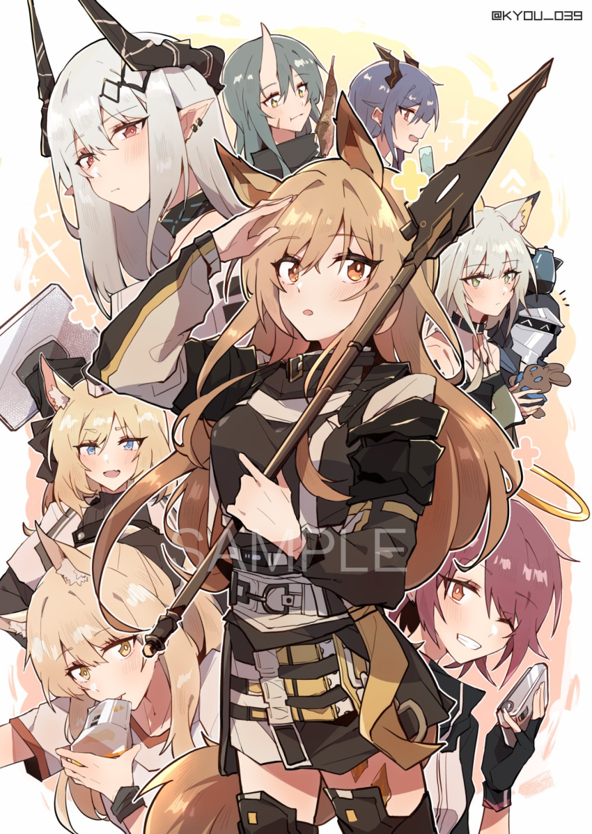 1other 6+girls ^_^ amiya_(arknights) animal_ears arknights black_collar black_gloves black_headwear black_legwear black_shirt black_skirt black_wristband blemishine_(arknights) blonde_hair blue_eyes blue_hair boots brown_eyes brown_hair camera ceobe_(arknights) ch'en_(arknights) character_doll closed_eyes collar commentary cover cover_page cowboy_shot demon_horns doctor_(arknights) dog_ears dragon_horns ear_piercing exusiai_(arknights) fingerless_gloves gloves green_eyes green_hair grey_hair halo hammer hat highres holding holding_camera holding_hammer holding_spear holding_stuffed_toy holding_weapon horns hoshiguma_(arknights) infection_monitor_(arknights) kal'tsit_(arknights) kettle kyou_039 long_hair lynx_ears multiple_girls object_on_head one_eye_closed oni open_mouth orange_eyes oripathy_lesion_(arknights) piercing pointy_ears polearm red_eyes redhead sample shirt short_hair single_horn skirt smile spear stuffed_animal stuffed_bunny stuffed_toy thigh-highs thigh_boots tongue tongue_out twitter_username very_long_hair weapon whislash_(arknights) white_shirt