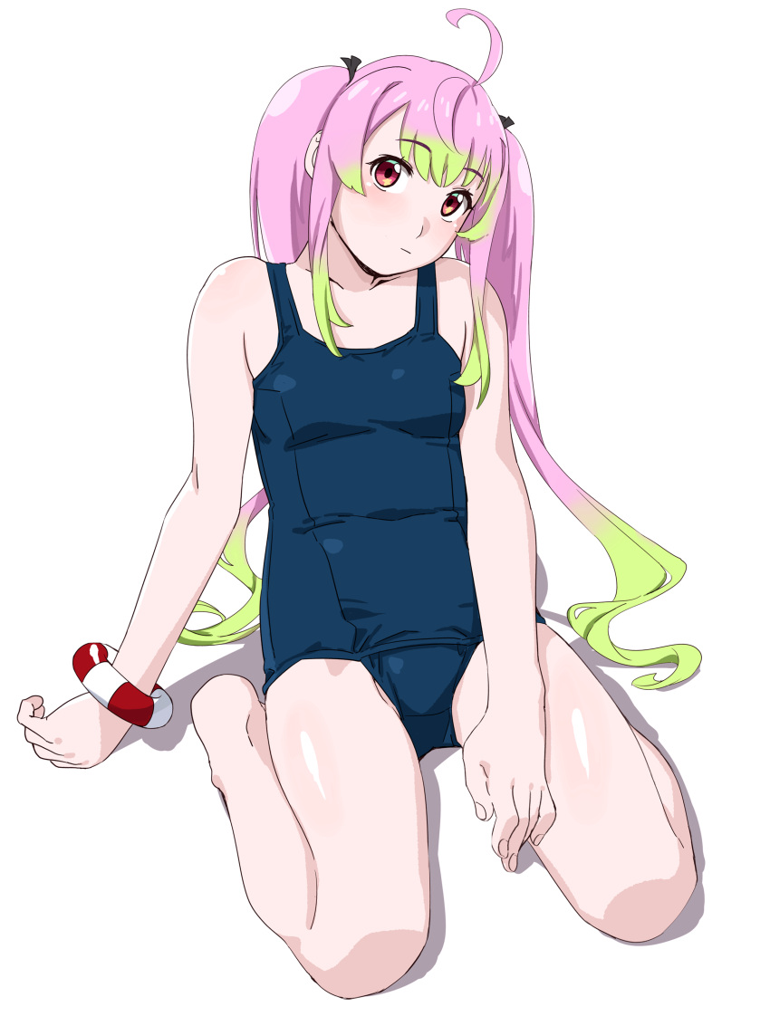 1girl absurdres ahoge bangs bare_arms bare_legs bare_shoulders barefoot blue_swimsuit blush bracelet closed_mouth eyebrows_visible_through_hair full_body highres jewelry kantai_collection lifebuoy long_hair looking_at_viewer momo_(kancolle) oekaki ojipon one-piece_swimsuit pink_hair red_eyes school_swimsuit simple_background sitting solo swimsuit tail twintails wariza white_background