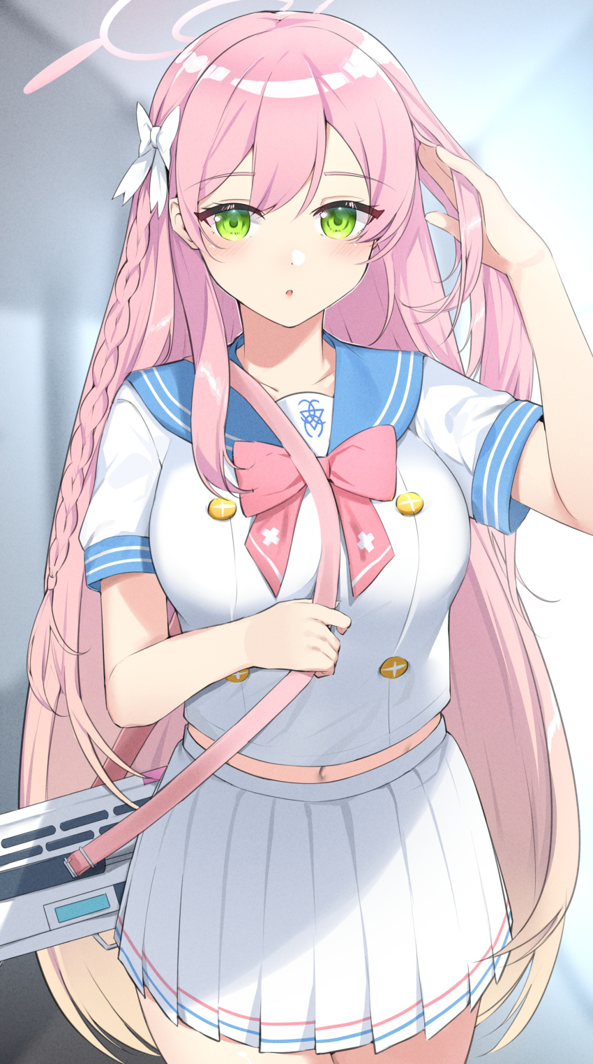 1girl :o bag blush braid eyebrows_visible_through_hair green_eyes hair_ribbon long_hair pink_hair pink_ribbon purse ribbon seifuku short_sleeves skirt suzuharu_toufu touching_hair white_ribbon white_skirt