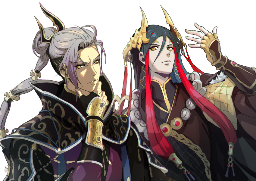 2boys absurdres black_hair chinese_clothes crown fingerless_gloves gloves grey_hair hair_ornament hand_on_own_chin highres jewelry long_hair looking_at_viewer lou_zhenjie_(thunderbolt_fantasy) multiple_boys ponytail thunderbolt_fantasy veraqueen wan_jun_po yellow_eyes