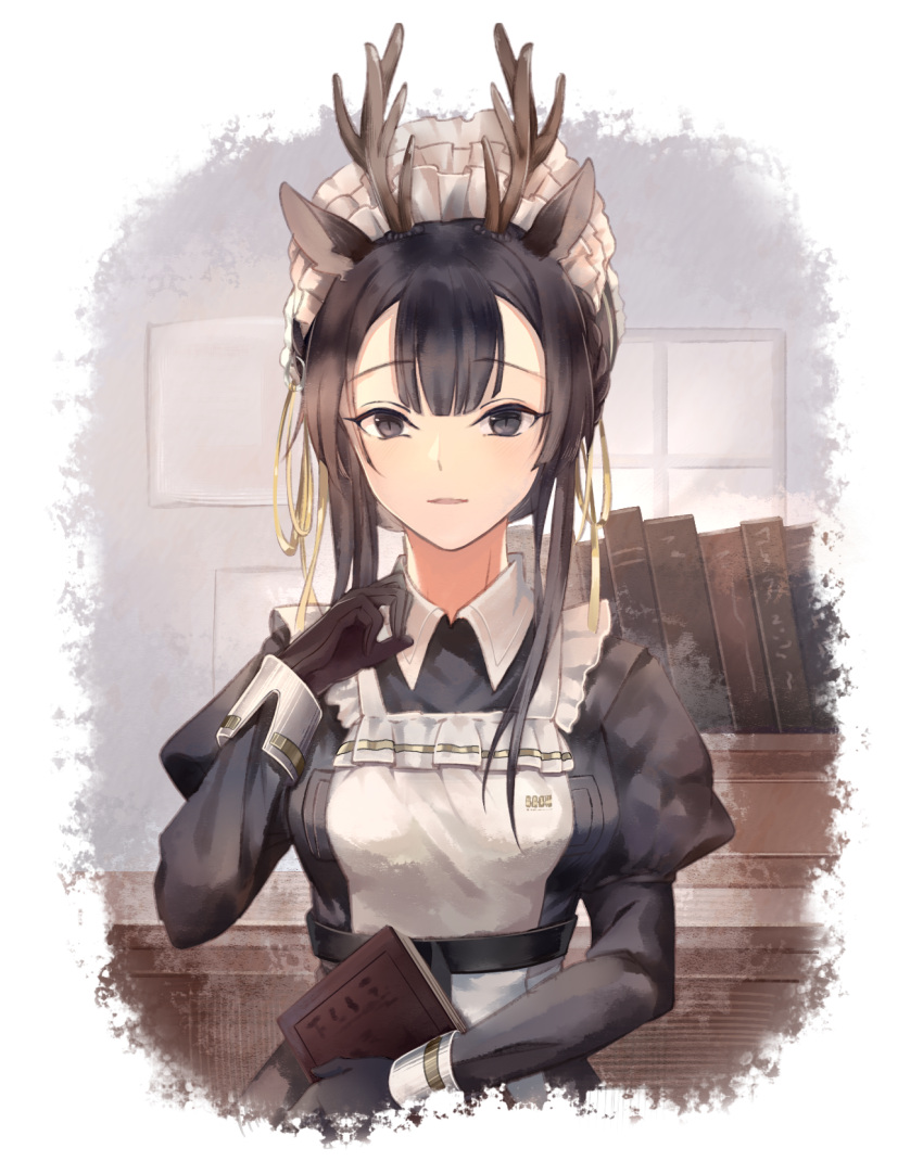1girl animal_ears antlers arknights bangs black_dress black_eyes black_gloves black_hair book commentary_request deer_ears dress gloves hand_up highres holding holding_book juliet_sleeves long_hair long_sleeves looking_at_viewer maid maid_headdress minuo puffy_sleeves solo tsukinogi_(arknights) tsukinogi_(londinium_style_miko)_(arknights) upper_body