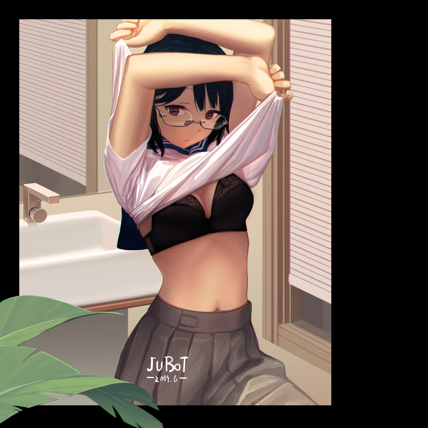 1girl arms_up artist_name bare_arms bathroom black_border black_bra black_hair blinds blouse blue_sailor_collar border bottle7 bra breasts brown_eyes brown_skirt chromatic_aberration closed_mouth commentary dated glasses highres indoors leaf looking_at_viewer medium_breasts mole_on_stomach navel original pleated_skirt sailor_collar school_uniform semi-rimless_eyewear serafuku short_hair short_sleeves sink skirt solo stomach under-rim_eyewear underwear undressing white_blouse window