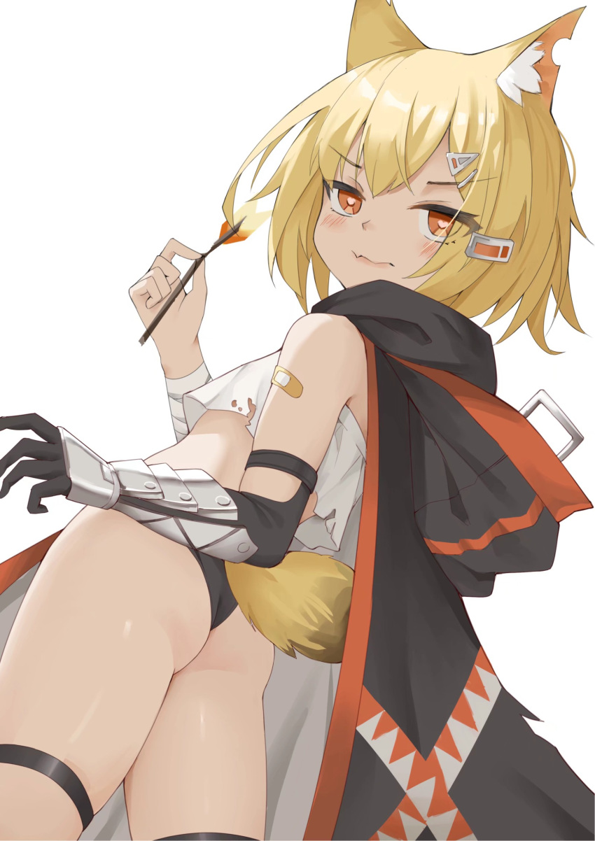 1girl animal_ears arknights ass bandaid bandaid_on_arm blush cape eyebrows_visible_through_hair garter heart-shaped_pupils holding looking_back panties red_eyes solo tail thong vermeil_(arknights)