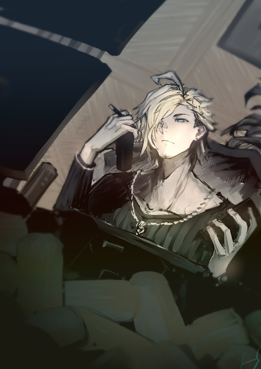 1boy ahoge aladdin_(sinoalice) beard blonde_hair blue_eyes brown_hair can cigar energy_drink facial_hair hair_ornament hairclip highres imi_(ikaruga_roka) jewelry long_sleeves looking_at_screen looking_at_viewer male_focus multicolored_hair necklace reality_arc_(sinoalice) ring sinoalice sketch smoking solo two-tone_hair