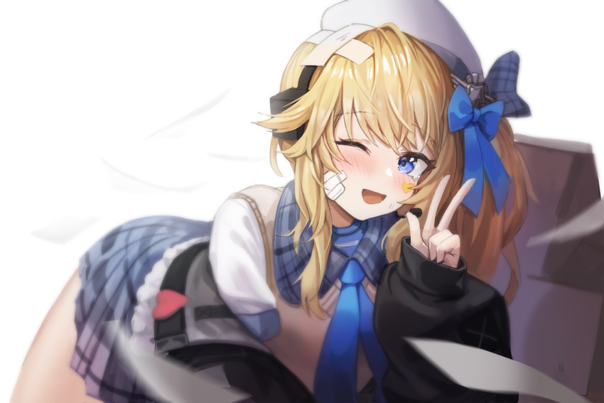 1girl :d ascot bandage_on_face bandages beret blonde_hair blue_bow blue_eyes blue_neckwear blush bow coat commentary dano girls_frontline girls_frontline_2:_exilium hair_bow hat headset heart long_hair long_sleeves looking_at_viewer off_shoulder one_eye_closed open_mouth pleated_skirt sidelocks skirt smile solo sweatdrop sweater_vest tearing_up v vepley_(girls_frontline_2) white_background white_headwear