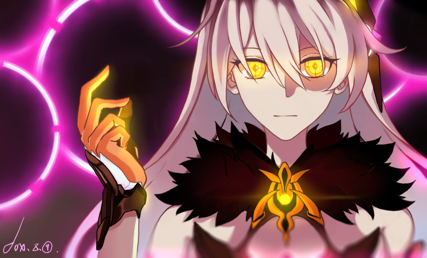 1girl bangs bare_shoulders black_background closed_mouth gloves glowing glowing_eyes hair_between_eyes hair_ornament highres honkai_(series) honkai_impact_3rd kiana_kaslana kiana_kaslana_(herrscher_of_the_void) long_hair looking_at_viewer orange_gloves solo white_hair yano_senyuki yellow_eyes