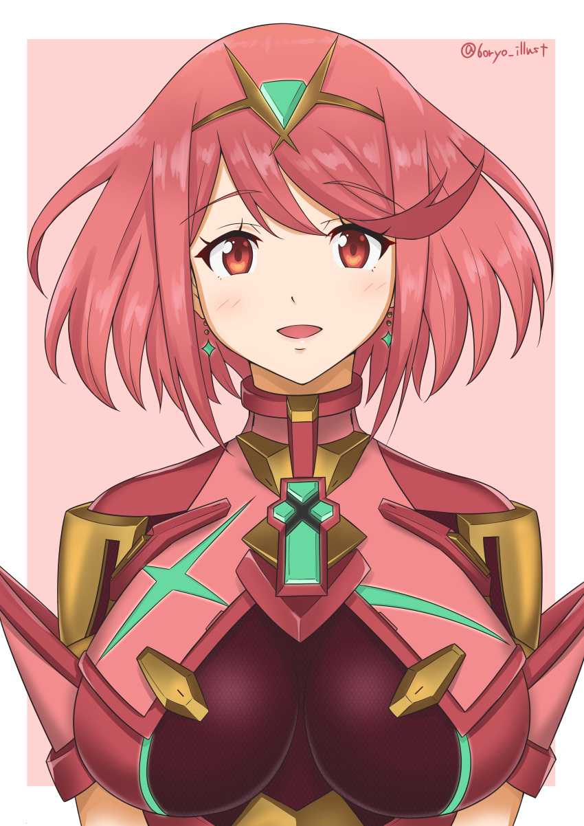 1girl absurdres bangs breasts chest_jewel earrings headpiece highres huge_filesize jewelry large_breasts pyra_(xenoblade) red_eyes redhead ryochan96154 short_hair simple_background solo swept_bangs tiara xenoblade_chronicles_(series) xenoblade_chronicles_2