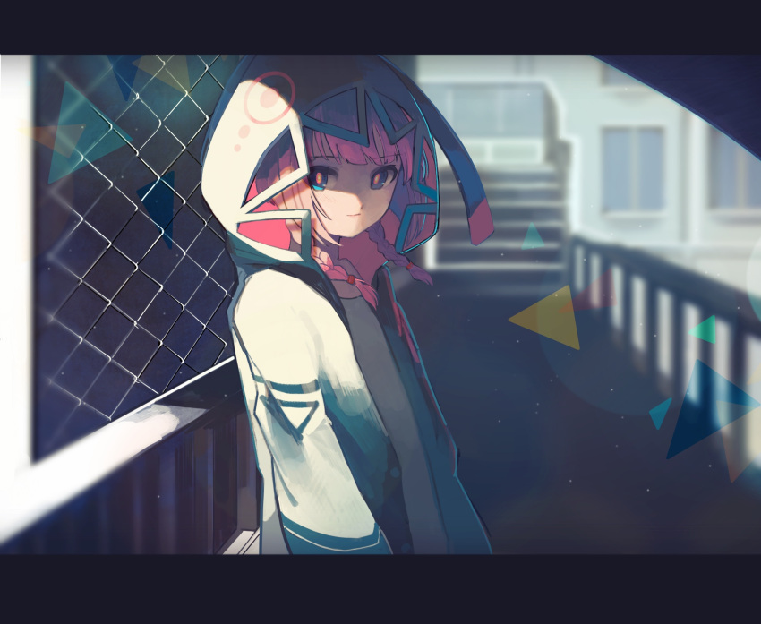 1girl braid building chain-link_fence commentary_request eyebrows_visible_through_hair fence highres hood hood_up hooded_jacket jacket kaf_(kamitsubaki_studio) kamitsubaki_studio light_particles looking_at_viewer low_twin_braids medium_hair multicolored multicolored_eyes open_clothes open_jacket pink_hair railing scenery shimasato solo stairs twin_braids upper_body virtual_youtuber yellow_pupils