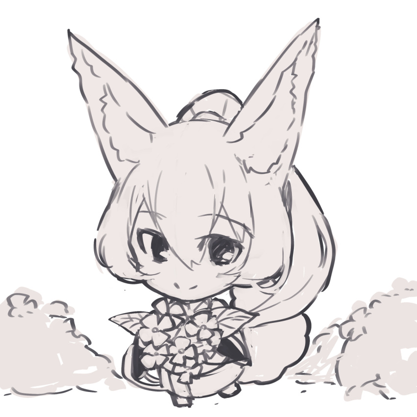1girl animal_ear_fluff animal_ears bangs barefoot bouquet chibi closed_mouth commentary_request eyebrows_visible_through_hair flower fox_ears fox_girl fox_tail full_body greyscale hair_between_eyes highres holding holding_bouquet japanese_clothes kimono long_hair long_sleeves looking_at_viewer monochrome original ponytail smile solo standing tail tail_raised very_long_hair white_background wide_sleeves yuuji_(yukimimi)