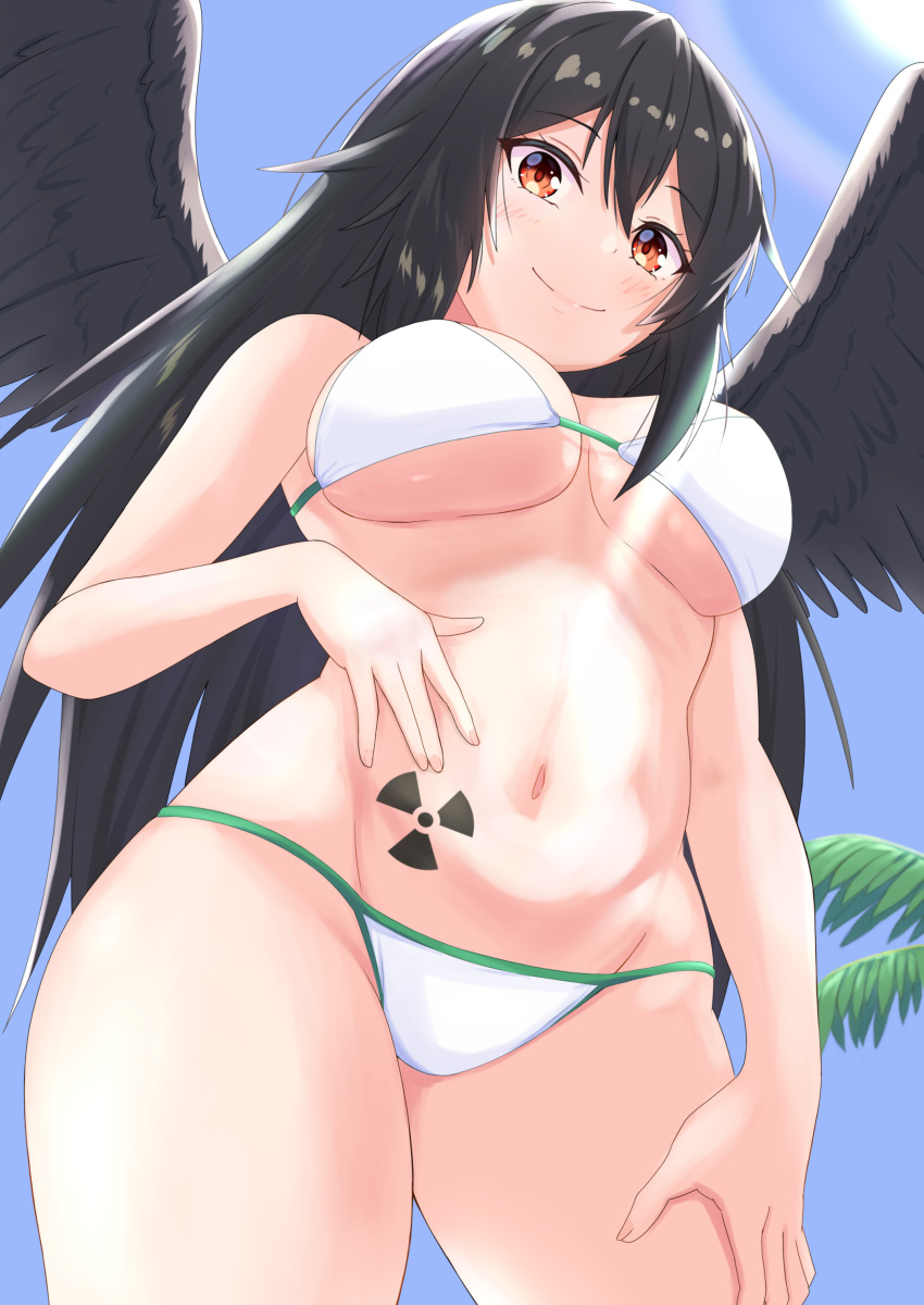 1girl absurdres bangs bikini bird_wings black_hair black_wings blue_sky breasts closed_mouth cowboy_shot from_below groin hand_on_own_leg highres long_hair looking_at_viewer navel o1118 orange_eyes outdoors palm_tree radiation_symbol reiuji_utsuho sky smile solo standing swimsuit touhou tree white_bikini wings