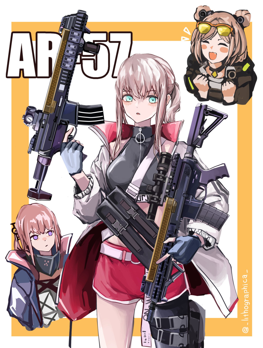 3girls absurdres ar-57 ar-57_(girls_frontline) assault_rifle belt_buckle blush buckle cosplay eyewear_on_head fingerless_gloves girls_frontline glasses gloves green_eyes gun hair_bun hair_ornament highres holding holding_weapon jacket lithographica long_hair magazine_(weapon) multiple_girls open_mouth p90_(girls_frontline) pink_hair ponytail rifle short_shorts shorts single_thighhigh st_ar-15_(girls_frontline) st_ar-15_(girls_frontline)_(cosplay) thigh-highs weapon