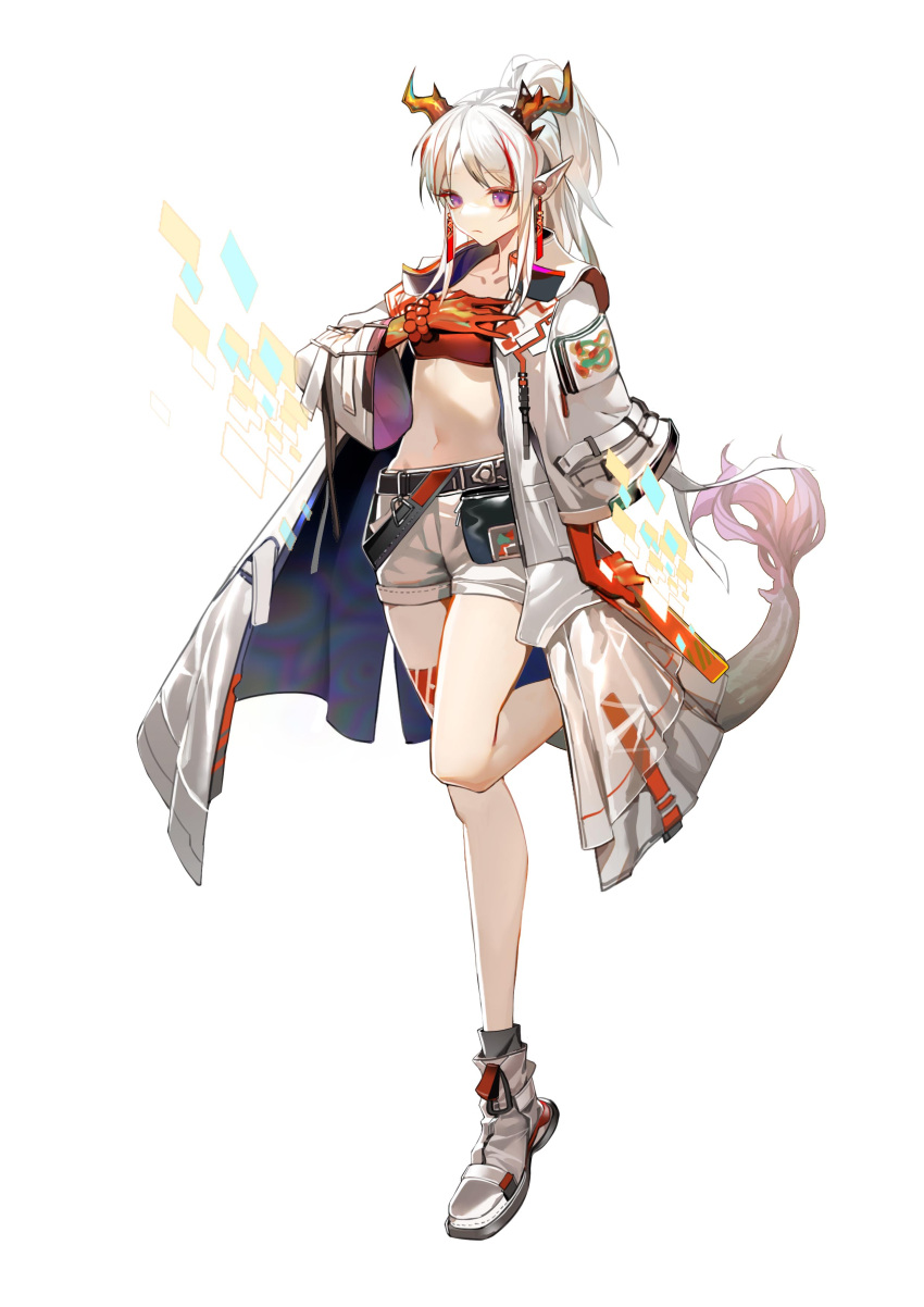 1girl absurdres arknights bandeau bare_legs bead_bracelet beads beige_shorts belt belt_buckle belt_pouch bijian_de_linghun black_legwear bracelet buckle closed_mouth coat collarbone commentary_request dragon_horns dragon_tail earrings eyebrows eyebrows_visible_through_hair hand_on_own_chest head_tilt highres holding holding_weapon horns jacket jewelry leg_up long_hair looking_at_viewer midriff multicolored_hair navel nian_(arknights) pearl_earrings pink_eyes pointy_ears ponytail pouch red_bandeau redhead shoes short_shorts shorts sidelocks simple_background socks solo standing standing_on_one_leg strap streaked_hair sword tail thighs weapon white_background white_coat white_footwear white_hair white_jacket wide_sleeves