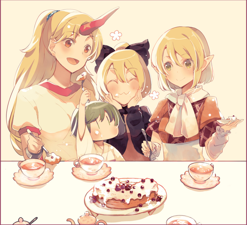 4girls :3 :d arm_up ascot atoki black_bow black_sleeves blonde_hair blush border bow breasts brown_dress brown_shirt cake closed_mouth commentary_request cuffs cup dress eyebrows_visible_through_hair feeding flower food fork giving green_eyes green_hair hair_bow hands_on_own_cheeks hands_on_own_face hands_up highres holding holding_fork horns hoshiguma_yuugi japanese_clothes kimono kisume kurodani_yamame long_hair medium_breasts mizuhashi_parsee multiple_girls oni open_mouth plate pointy_ears ponytail red_eyes red_horns saucer shackles shirt short_hair short_sleeves simple_background single_horn smile sugar_bowl tea teacup teapot touhou white_kimono white_neckwear white_shirt yellow_background |_|