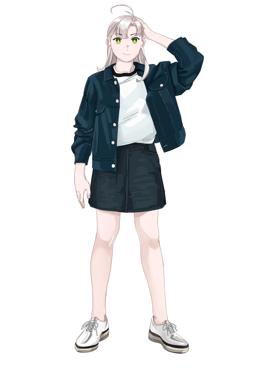 1girl absurdres alternate_costume arm_up blue_jacket casual denim denim_jacket denim_skirt eyebrows_visible_through_hair full_body green_eyes highres jacket kantai_collection kinugasa_(kancolle) long_sleeves looking_at_viewer ojipon shirt shoes simple_background skirt sneakers solo standing white_background