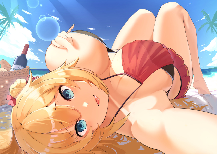 1girl :p absurdres akai_haato artist_request basket blonde_hair blue_eyes blue_sky bottle breasts clouds hair_bun highres hololive knees_up large_breasts looking_at_viewer lying on_back palm_tree self_fondle sky swimsuit tongue tongue_out tree virtual_youtuber wine_bottle