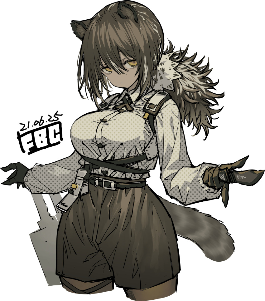 1girl absurdres animal_ears animal_hands arknights artist_name black_legwear black_shorts breasts brown_hair commentary cowboy_shot cropped_legs dated fbc highres holding holding_knife knife large_breasts legwear_under_shorts looking_at_viewer pantyhose ponytail raccoon_ears raccoon_girl raccoon_tail robin_(arknights) shirt shorts simple_background solo tail white_background white_shirt yellow_eyes