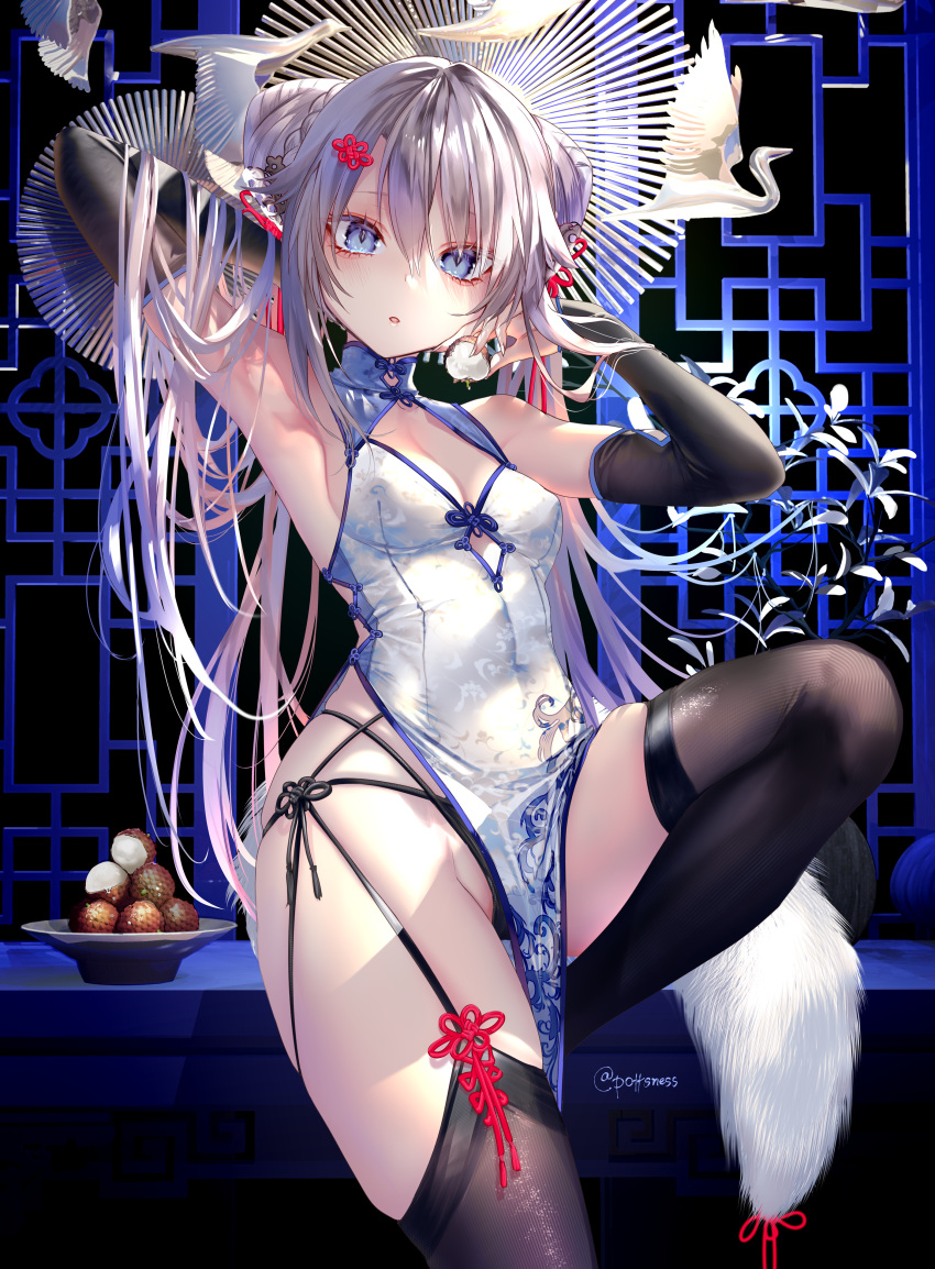 1girl 9a-91_(girls_frontline) absurdres arm_up armpits bare_shoulders black_legwear black_panties blue_eyes braid braided_bun breasts bridal_gauntlets china_dress chinese_clothes cleavage_cutout clothing_cutout double_bun dress feather_boa fine_fabric_emphasis garter_straps girls_frontline hair_between_eyes hair_bun hair_ornament hairclip highres leg_up long_hair looking_at_viewer lychee multi-strapped_panties panties parted_lips pelvic_curtain pottsness shiny shiny_clothes shiny_legwear side-tie_panties side_cutout silver_hair skindentation sleeveless sleeveless_dress sleeveless_turtleneck small_breasts solo string_panties thigh-highs thighs turtleneck underwear very_long_hair white_dress