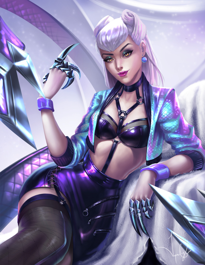 1girl absurdres breasts claws cropped_jacket demon_girl earrings evelynn_(league_of_legends) garter_straps highres japu jewelry kneehighs league_of_legends long_hair looking_at_viewer makeup open_clothes shiny shiny_clothes silver_hair sitting skirt smile yellow_eyes