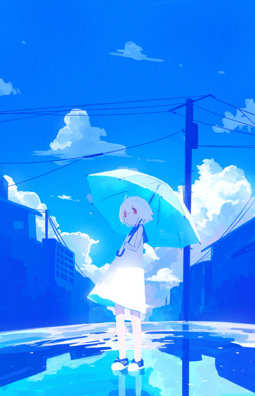 1girl absurdres blue_sky blue_theme building clouds cloudy_sky day dress highres holding holding_umbrella looking_at_viewer natsu-no-kamisama original outdoors power_lines red_eyes reflection sailor_collar short_hair sky sleeveless sleeveless_dress solo standing umbrella white_dress white_hair white_umbrella wide_shot