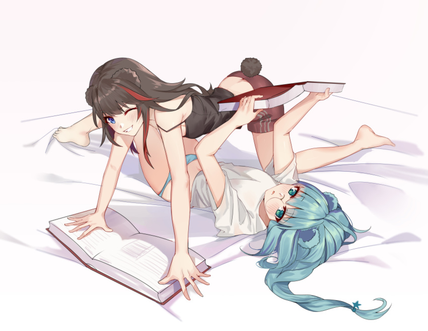 2girls absurdres animal_ears arknights bear_ears bear_tail bed_sheet black_shirt black_tank_top blue_eyes blue_hair blue_panties book brown_hair chinese_commentary grin highres holding holding_book hongbaise_raw istina_(arknights) long_hair looking_at_viewer monocle multicolored_hair multiple_girls one_eye_closed open_mouth panties ponytail reading red_shorts redhead shirt shorts smile streaked_hair tail tank_top underwear white_shirt zima_(arknights)