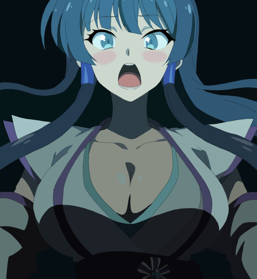 astaroth_(sentouin_hakenshimasu!) blue_eyes blush breasts derivative_work eyebrows_visible_through_hair hair_ornament highres ikesin1983 large_breasts long_hair looking_at_viewer open_mouth sentouin_hakenshimasu! solo