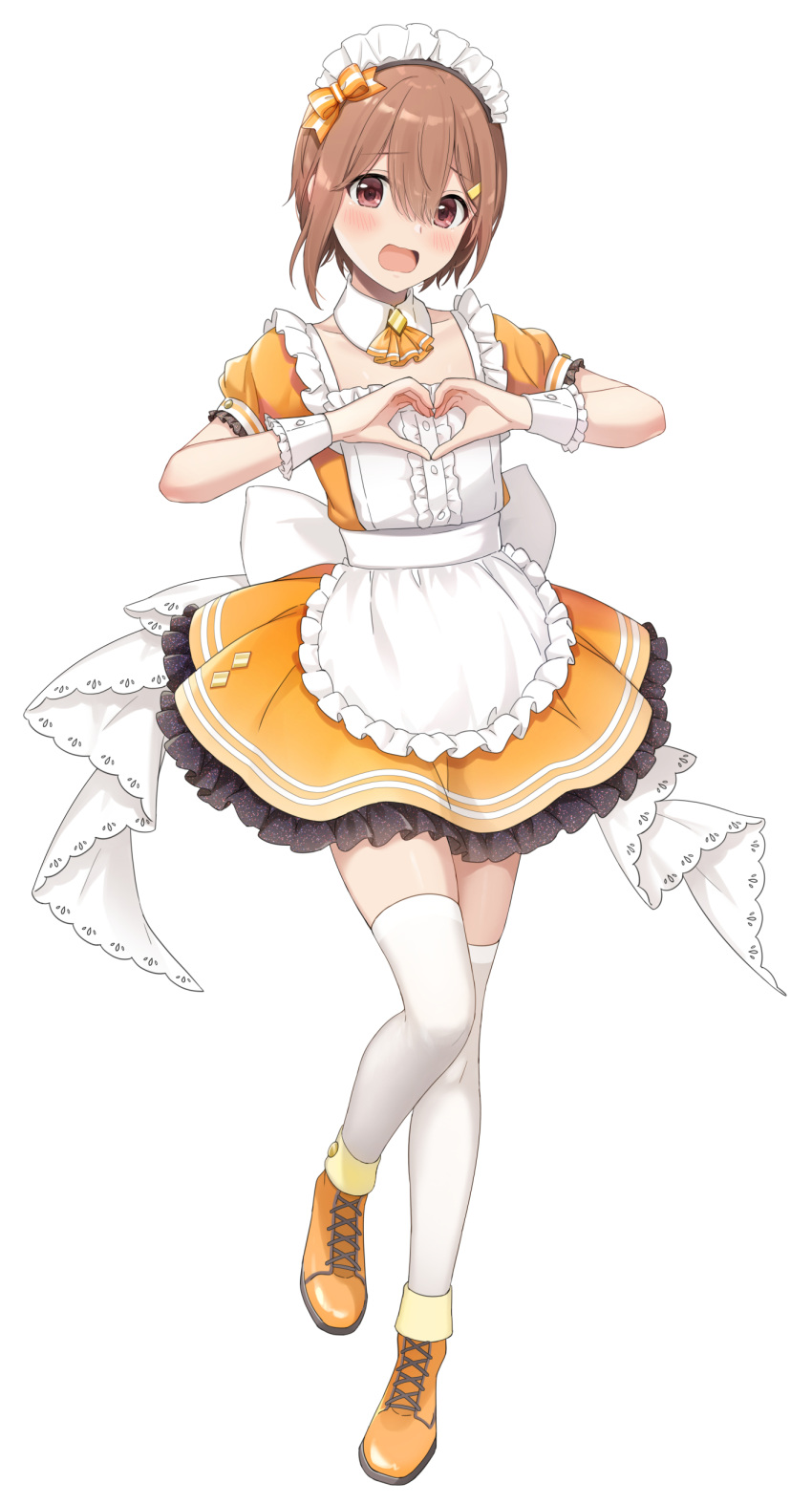 1girl absurdres apron azuki_yui bangs blush bow brown_eyes brown_footwear brown_hair center_frills commentary_request detached_collar dress frilled_apron frills full_body hair_bow hair_ornament heart heart_hands highres looking_at_viewer maid_headdress open_mouth orange_bow orange_dress original puffy_short_sleeves puffy_sleeves short_hair short_sleeves solo standing thigh-highs white_apron white_background wrist_cuffs zettai_ryouiki
