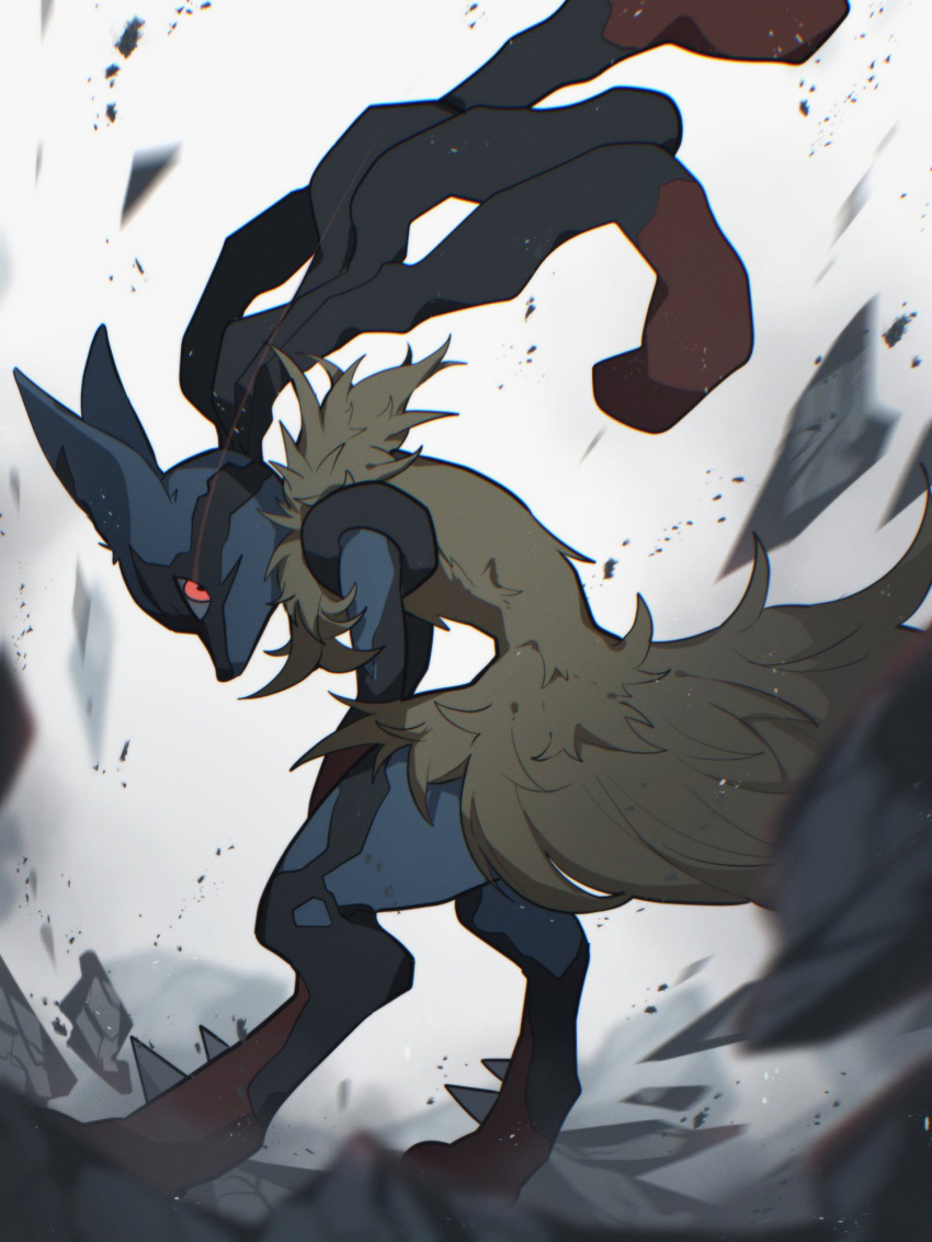 alu_drp blurry closed_mouth commentary floating_hair furry gen_4_pokemon highres hunched_over looking_back lucario mega_lucario mega_pokemon orange_eyes pokemon pokemon_(creature) rock solo spikes standing yellow_fur