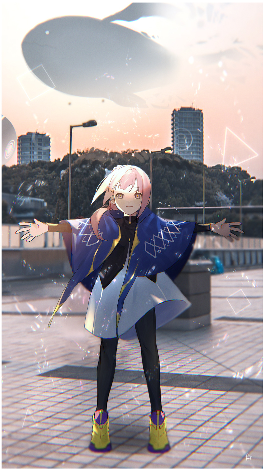 1girl absurdres bad_id bad_pixiv_id boots building capelet dress expressionless fish flying_fish full_body highres hood hood_down hooded_capelet huge_filesize isomu kaf_(kamitsubaki_studio) kamitsubaki_studio long_hair looking_at_viewer multicolored multicolored_eyes outdoors outstretched_arms pantyhose photo_background pink_hair scenery side_ponytail sky spread_arms standing virtual_youtuber yellow_pupils