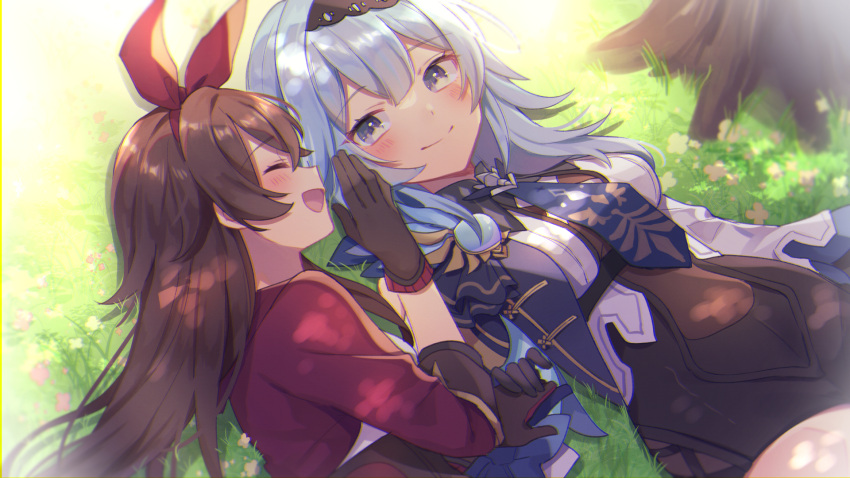 2girls :d ^_^ ^o^ amber_(genshin_impact) bangs black_gloves black_leotard blue_hair bodystocking brown_hair cape closed_eyes commentary_request eula_(genshin_impact) eyebrows_visible_through_hair genshin_impact gloves grass grey_eyes hair_between_eyes hair_ornament highres holding_hands leotard leotard_under_clothes long_hair looking_at_another lying multiple_girls necktie on_side open_mouth shirase_(shirose) sidelocks smile tree tree_shade vision_(genshin_impact) whispering