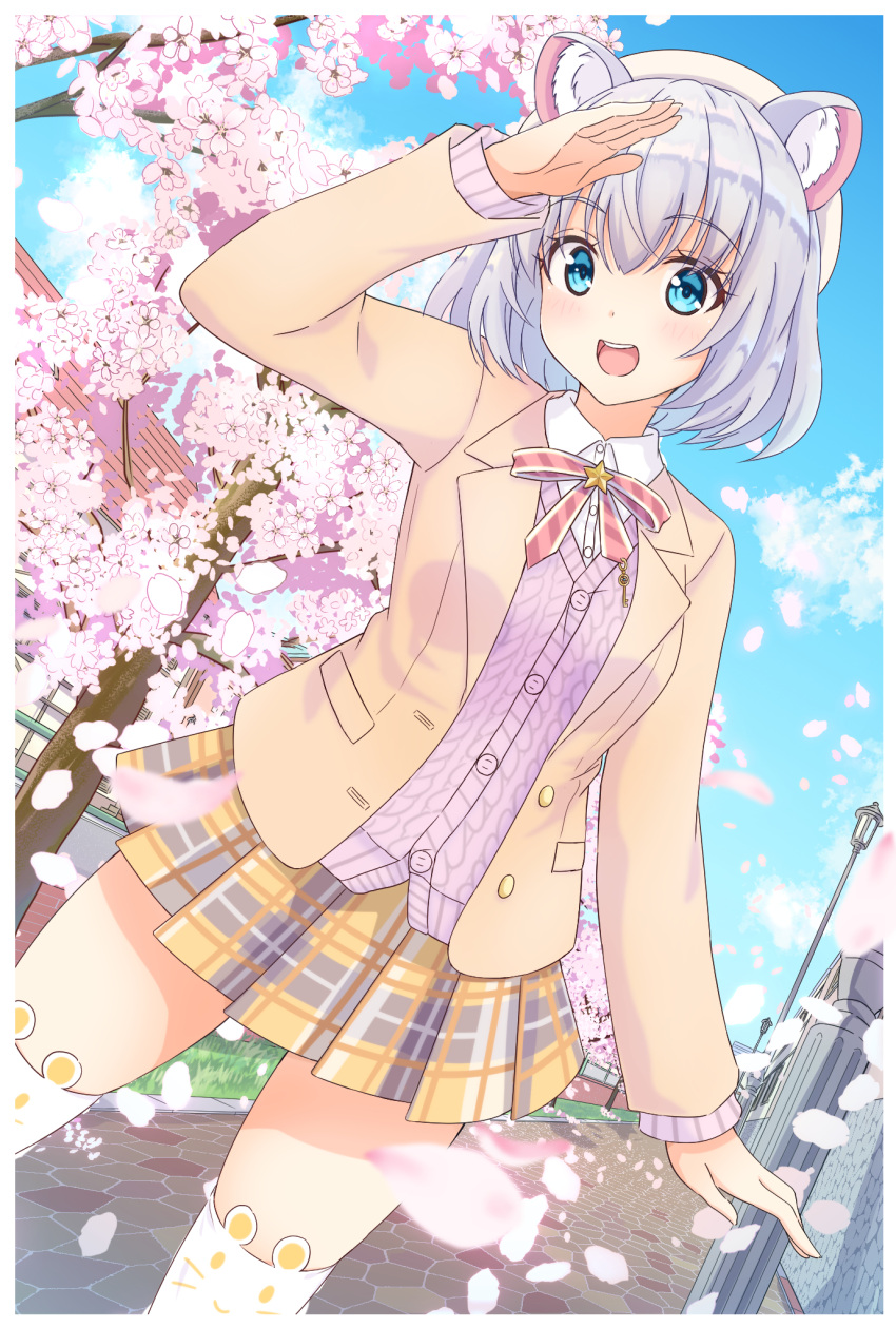 1girl :d animal_ear_fluff animal_ear_legwear animal_ears arm_up beret blazer blue_eyes breasts brown_jacket building cardigan collared_shirt commentary day dress_shirt dutch_angle flower hat highres hoshimi_(virtuareal) jacket lamppost long_sleeves looking_at_viewer medium_breasts nijisanji open_clothes open_jacket open_mouth outdoors petals pink_flower plaid plaid_skirt pleated_skirt purple_cardigan school_uniform shirt silver_hair skirt smile solo thigh-highs tree virtual_youtuber virtuareal wall white_headwear white_legwear white_shirt x-6 yellow_skirt