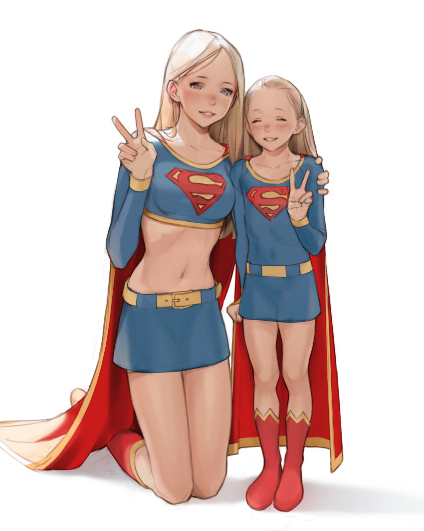 2girls absurdres age_difference blonde_hair blue_bow blue_eyes blue_skirt bow cape closed_eyes collarbone dc_comics hair_behind_ear highres luimiart multiple_girls navel open_mouth original red_cape red_footwear simple_background skirt smile supergirl teeth v white_background