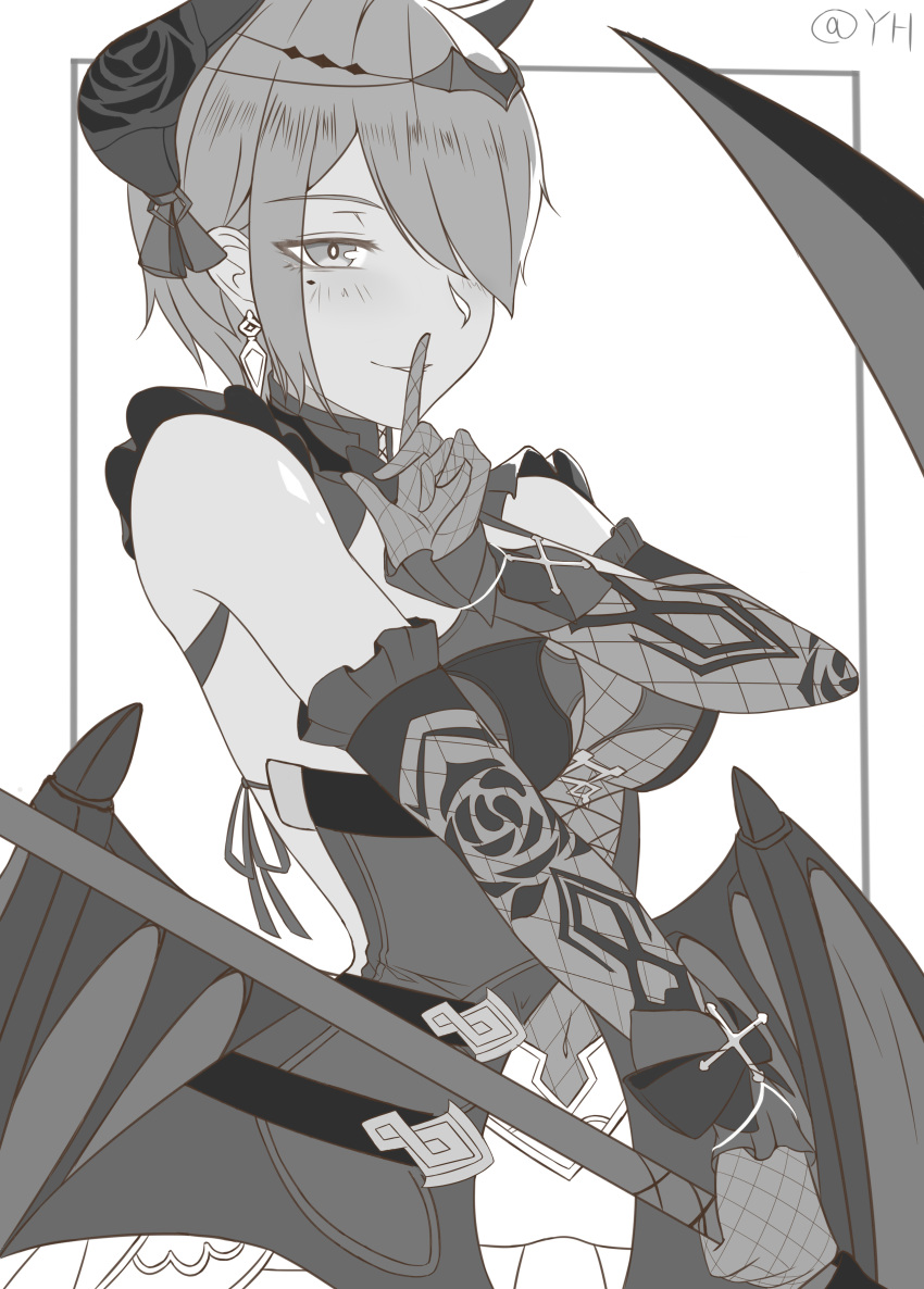 1774264015 1girl absurdres bangs bare_shoulders bat_wings breasts closed_mouth elbow_gloves gloves highres holding holding_weapon honkai_(series) honkai_impact_3rd horns index_finger_raised looking_at_viewer monochrome rita_rossweisse rita_rossweisse_(umbral_rose) scythe simple_background solo weapon white_background wings