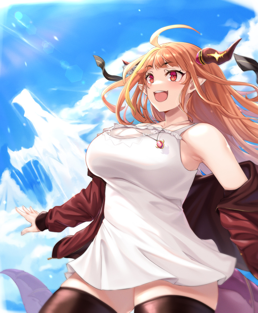 1girl :d ahoge black_legwear blonde_hair blue_sky breasts clouds day dragon_girl dragon_horns dragon_tail dress eyebrows_visible_through_hair highres hololive horns jacket kiryu_coco large_breasts long_hair moisture_(chichi) multicolored_hair open_mouth orange_hair pointy_ears red_eyes red_jacket sky sleeveless sleeveless_dress smile solo streaked_hair tail teeth thigh-highs upper_teeth virtual_youtuber white_dress