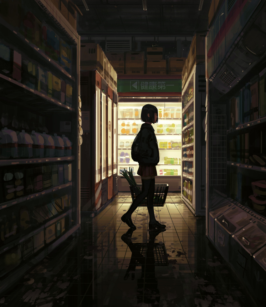1girl backlighting backpack bag bangs black_hair black_legwear blunt_bangs commentary convenience_store from_side full_body guweiz guweiz_(style) hand_in_pocket highres holding indoors long_sleeves miniskirt original profile reflection reflective_floor shop short_hair skirt solo sweater thigh-highs walking