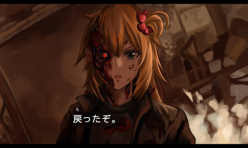 1girl absurdres akai_haato blonde_hair highres hololive hololive_english looking_at_viewer mechanical_ears mechanical_parts solo t-800 terminator_(series) translation_request virtual_youtuber yato_(yama0x1)