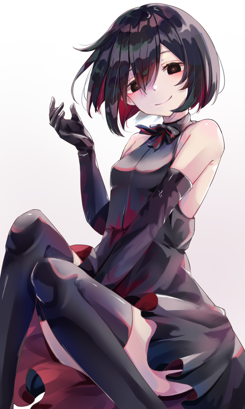 1girl absurdres bangs bare_shoulders black_dress black_eyes black_gloves black_hair black_legwear bob_cut bright_pupils colored_inner_hair commentary dress elbow_gloves gloves hair_between_eyes hair_strand hand_on_lap hand_up highres knees_up monogatari_(series) multicolored_hair oshino_ougi pale_skin redhead short_hair simple_background sitting smile solo thigh-highs two-sided_fabric white_background yuunamida_uyu