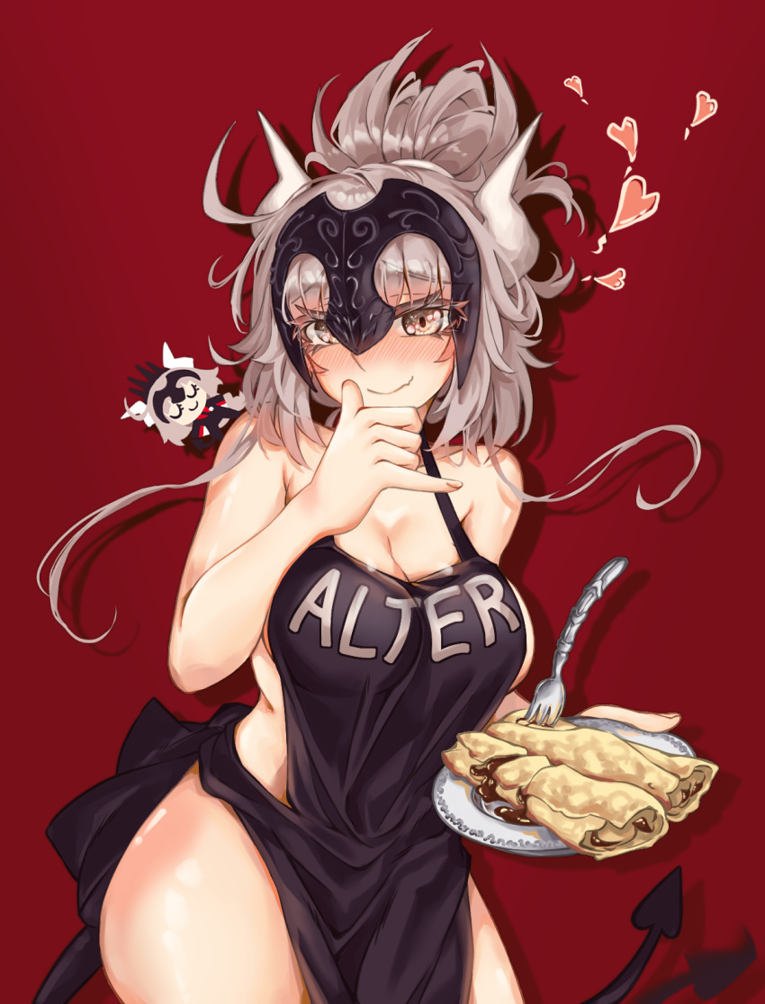 1girl alternate_costume apron blush closed_eyes collarbone contrapposto eyelashes fang fate/grand_order fate_(series) food halterneck headpiece heart highres horns jeanne_d'arc_(alter)_(fate) jeanne_d'arc_(fate)_(all) looking_at_viewer pancake ponytail red_background ru_251 silver_hair single_horn smile tail tail_wagging yellow_eyes