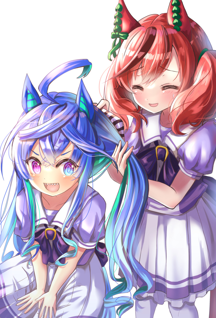 2girls adjusting_hair ahoge blue_hair blush breasts commentary_request highres horse_girl long_hair multicolored_hair multiple_girls nice_nature_(umamusume) open_mouth redhead school_uniform sharp_teeth simple_background sweat takenaka_takeshi teeth twin_turbo_(umamusume) twintails umamusume white_background