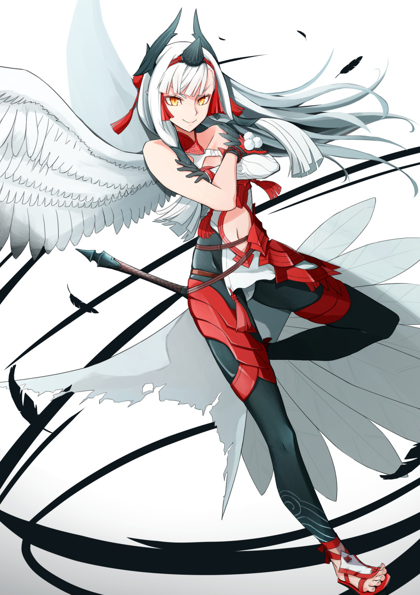 1girl absurdres black_gloves black_legwear closed_mouth clothing_cutout crossed_arms fate/grand_order fate_(series) feathered_wings feathers full_body gloves gradient gradient_background grey_background highres horns kiichi_hougen_(fate) long_hair looking_at_viewer navel navel_cutout pantyhose red_footwear sandals simple_background smile solo standing standing_on_one_leg toeless_legwear toes white_background white_hair white_wings wings yellow_eyes yuniyuni