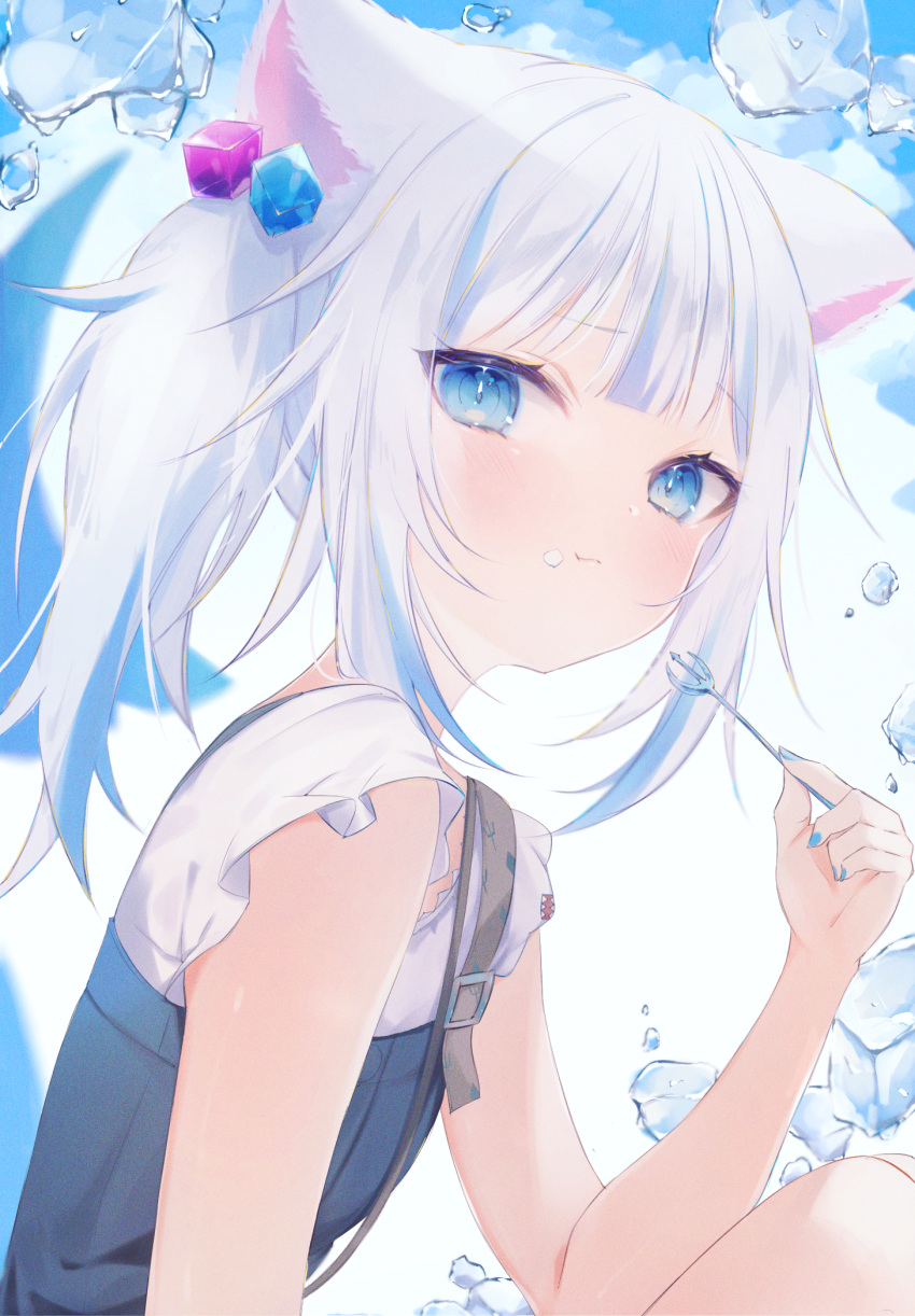 1girl animal_ears bangs bare_arms blue_eyes blue_hair blue_nails buckle cat_ears closed_mouth commentary eating eyebrows_visible_through_hair fish_tail food food_on_face fork from_side gawr_gura hair_cubes hair_ornament highres holding holding_fork hololive hololive_english ice kemonomimi_mode looking_at_viewer looking_to_the_side medium_hair multicolored_hair nail_polish official_alternate_costume okomeillust shark_girl shark_tail shirt side_ponytail sidelocks sleeveless sleeveless_shirt solo streaked_hair suspenders tail upper_body virtual_youtuber white_background white_hair white_shirt