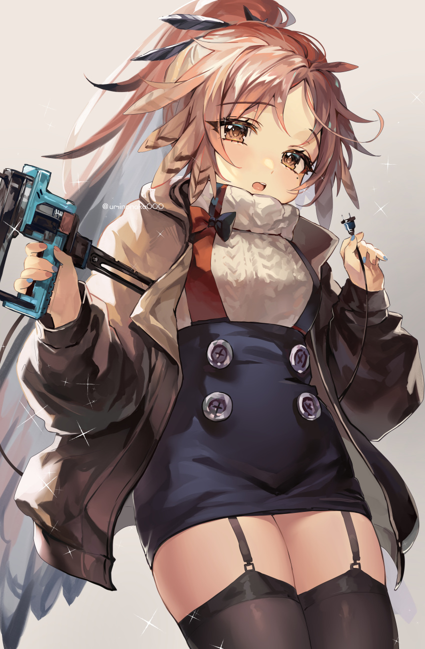 1girl absurdres arknights beige_sweater black_legwear blue_skirt brown_eyes brown_jacket buttons commentary cowboy_shot feather_hair garter_straps grey_background gun highres holding holding_cable holding_gun holding_weapon jacket long_hair looking_at_viewer nailgun open_clothes open_jacket open_mouth orange_hair pinecone_(arknights) ponytail simple_background skirt solo sparkle suspender_skirt suspenders thigh-highs thighs twitter_username u_(uminonaka000) weapon