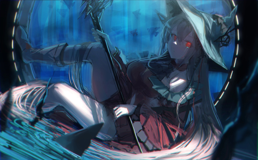 1girl absurdres aqua_headwear arknights bangs bare_shoulders black_ribbon boots breasts clothing_cutout crying crying_with_eyes_open detached_sleeves dress fish from_side hair_between_eyes hat headgear highres holding holding_staff huge_filesize infection_monitor_(arknights) leg_ribbon leg_up long_hair looking_at_viewer low-tied_long_hair medium_breasts navel_cutout off-shoulder_dress off_shoulder open_mouth red_dress red_eyes ribbon silver_hair sitting skadi_(arknights) skadi_the_corrupting_heart_(arknights) solo staff tears thighs water white_footwear youyouyou_1211