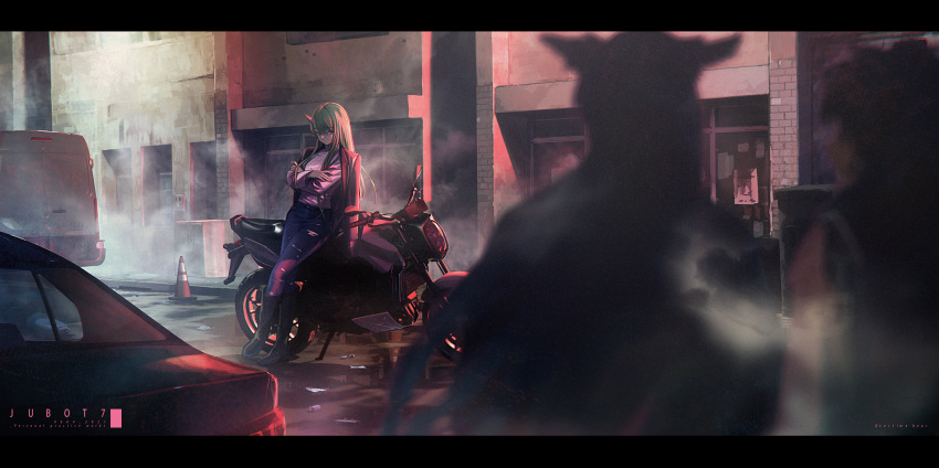 1girl 2others absurdres arknights artist_name black_border black_footwear black_jacket blurry blurry_background boots border bottle7 building car closed_mouth commentary_request crossed_arms dated denim english_text fog green_hair ground_vehicle highres horns hoshiguma_(arknights) jacket jacket_on_shoulders jeans leaning_against_motorcycle long_hair looking_at_viewer motor_vehicle motorcycle multiple_others oni_horns outdoors pants shirt shirt_tucked_in single_horn solo_focus traffic_cone van white_shirt
