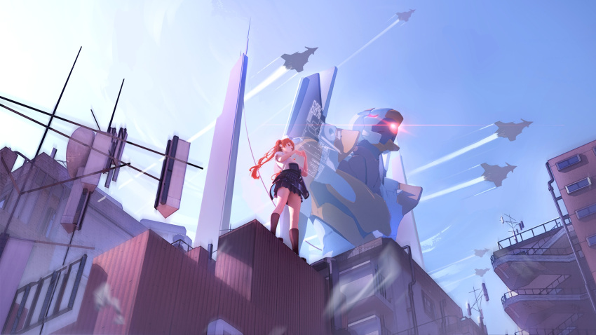 1girl aircraft airplane antennae bangs black_legwear blue_sky building crossover eva_(metal_gear) eva_00 fighter_jet frederica_nikola_tesla from_below full_body gao_guangyue glowing glowing_eye hair_between_eyes highres honkai_(series) honkai_impact_3rd jet kneehighs long_hair military military_vehicle neon_genesis_evangelion outdoors red_eyes redhead scenery sky solo textless twintails