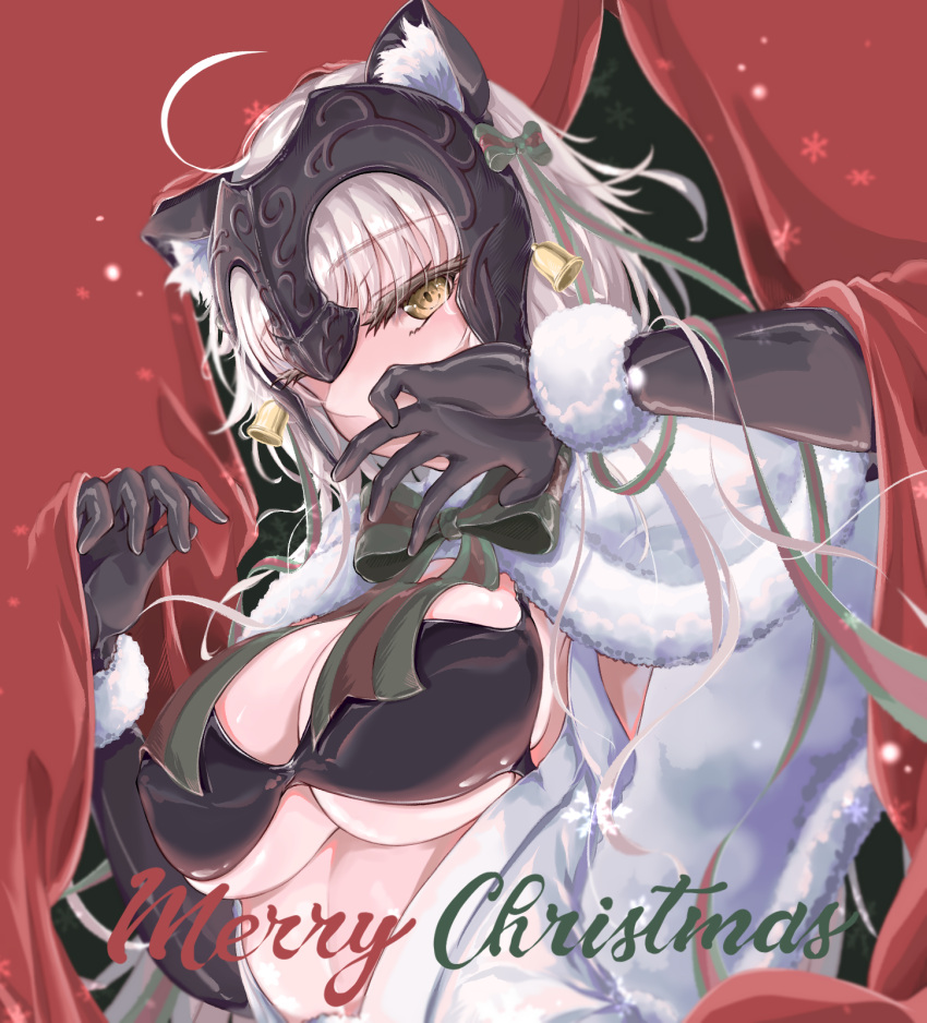 1girl ahoge alternate_costume animal_ears bell bikini blonde_hair blush breasts capelet christmas covering_face curtains eyebrows_visible_through_hair fate/grand_order fate_(series) fur fur_trim gloves headpiece highres jeanne_d'arc_(alter)_(fate) jeanne_d'arc_(fate)_(all) jingle_bell looking_at_viewer merry_christmas ru_251 solo swimsuit yellow_eyes