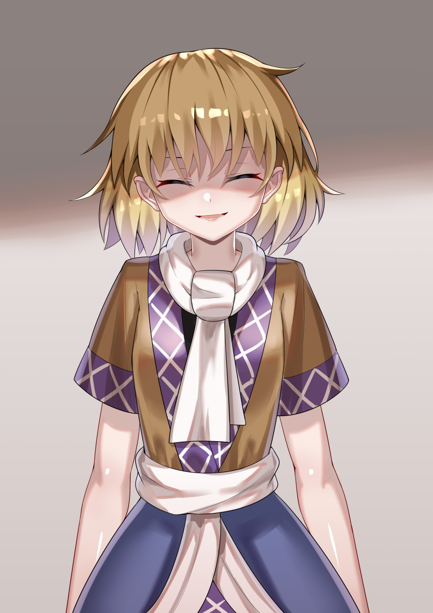 1girl absurdres ailu_elf bangs black_shirt blonde_hair breasts brown_jacket closed_eyes commentary_request cowboy_shot highres jacket looking_at_viewer mizuhashi_parsee multicolored multicolored_clothes multicolored_jacket open_mouth pointy_ears scarf shaded_face shirt short_hair small_breasts smile solo touhou white_scarf