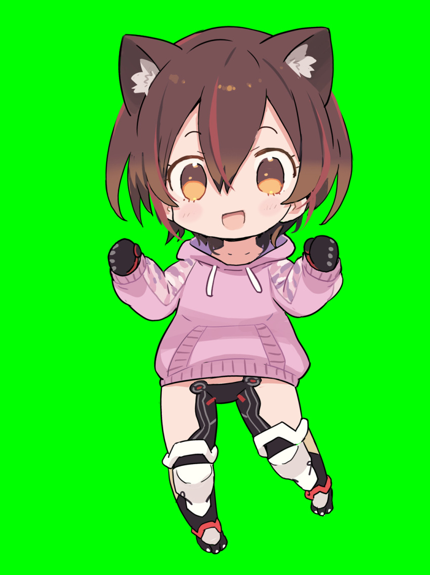 1girl blade_(galaxist) brown_eyes brown_hair chibi full_body green_background hands_up highres hololive hood hood_down hoodie looking_at_viewer paw_boots pink_hoodie revealing_clothes roboco-san smile solo