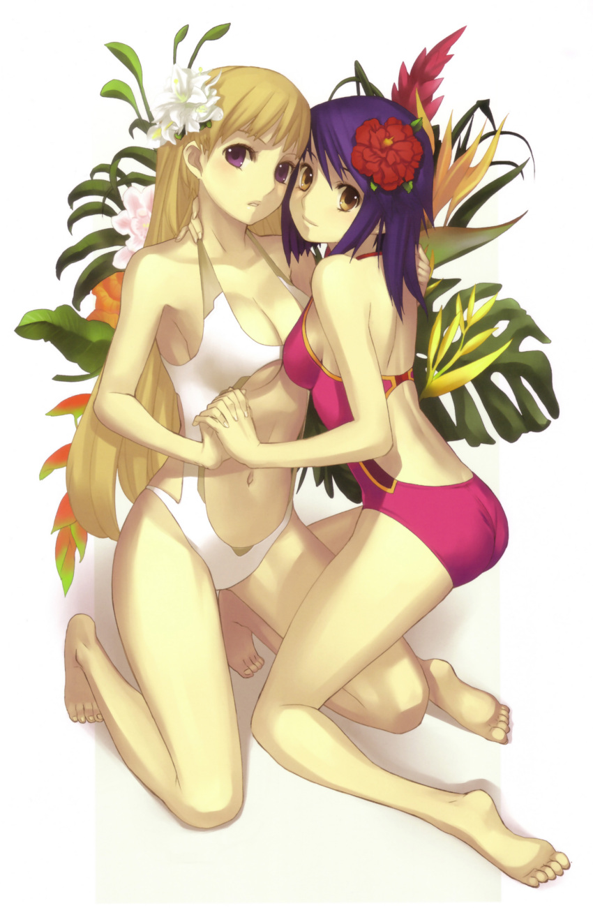 absurdres ar_tonelico ar_tonelico_ii ass asymmetrical_docking barefoot blonde_hair blue_hair breast_press breasts casual_one-piece_swimsuit chroche_latel_pastalie cleavage feet flower gust hair_flower hair_ornament halterneck highres holding_hands hug interlocked_fingers kneeling large_breasts legs long_hair looking_back luca_truelywaath multiple_girls nagi_(artist) nagi_ryou navel official_art one-piece_swimsuit purple_eyes smile swimsuit violet_eyes white_swimsuit yellow_eyes yuri